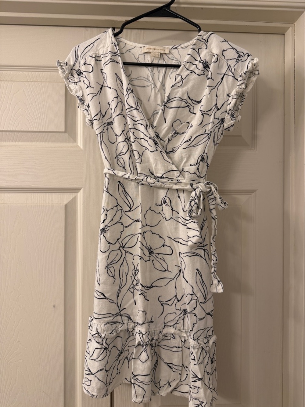 Monteau White Midi Wrap Dress with Navy Floral Sketch